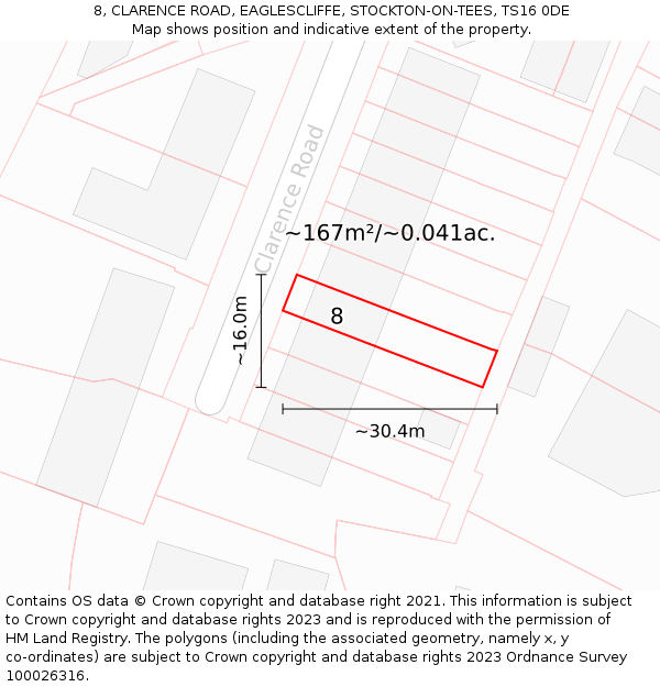 8, CLARENCE ROAD, EAGLESCLIFFE, STOCKTON-ON-TEES, TS16 0DE: Plot and title map