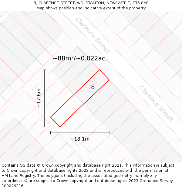 8, CLARENCE STREET, WOLSTANTON, NEWCASTLE, ST5 8AR: Plot and title map