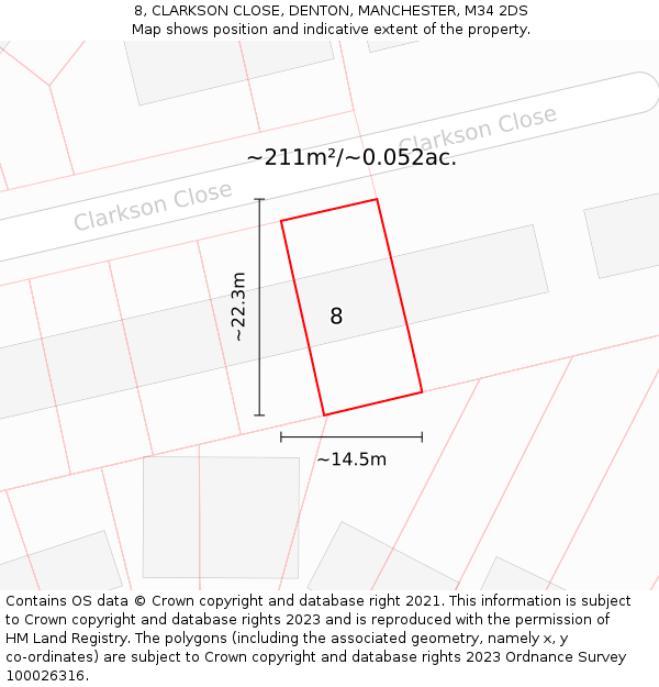 8, CLARKSON CLOSE, DENTON, MANCHESTER, M34 2DS: Plot and title map
