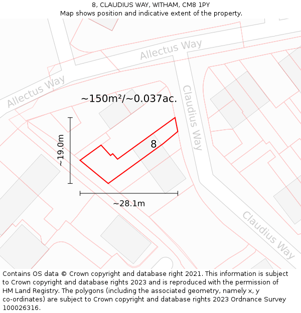 8, CLAUDIUS WAY, WITHAM, CM8 1PY: Plot and title map