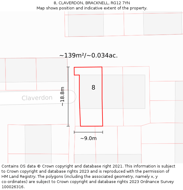 8, CLAVERDON, BRACKNELL, RG12 7YN: Plot and title map