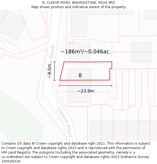 8, CLEEVE ROAD, BASINGSTOKE, RG24 9RZ: Plot and title map