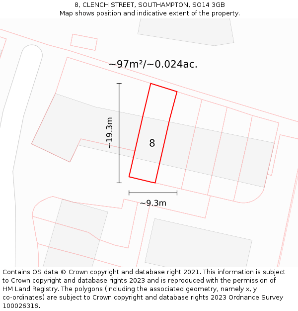 8, CLENCH STREET, SOUTHAMPTON, SO14 3GB: Plot and title map