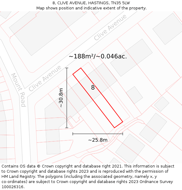 8, CLIVE AVENUE, HASTINGS, TN35 5LW: Plot and title map