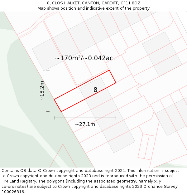 8, CLOS HALKET, CANTON, CARDIFF, CF11 8DZ: Plot and title map