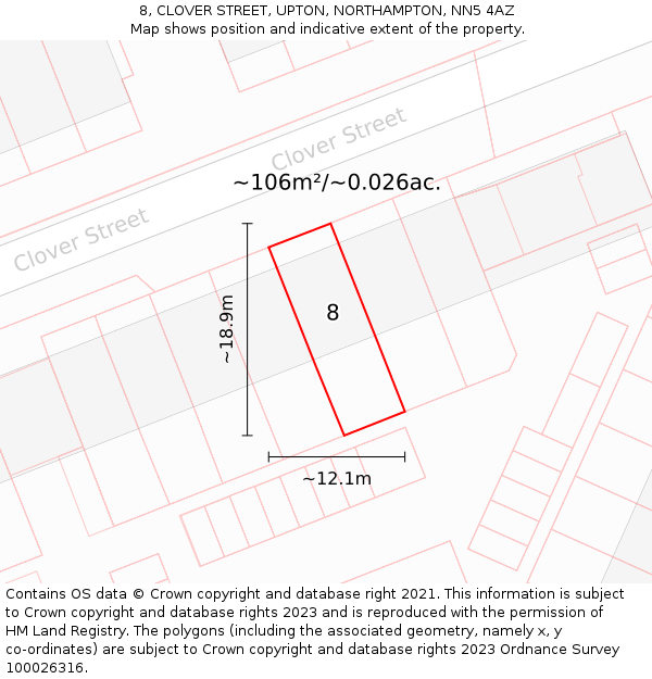 8, CLOVER STREET, UPTON, NORTHAMPTON, NN5 4AZ: Plot and title map