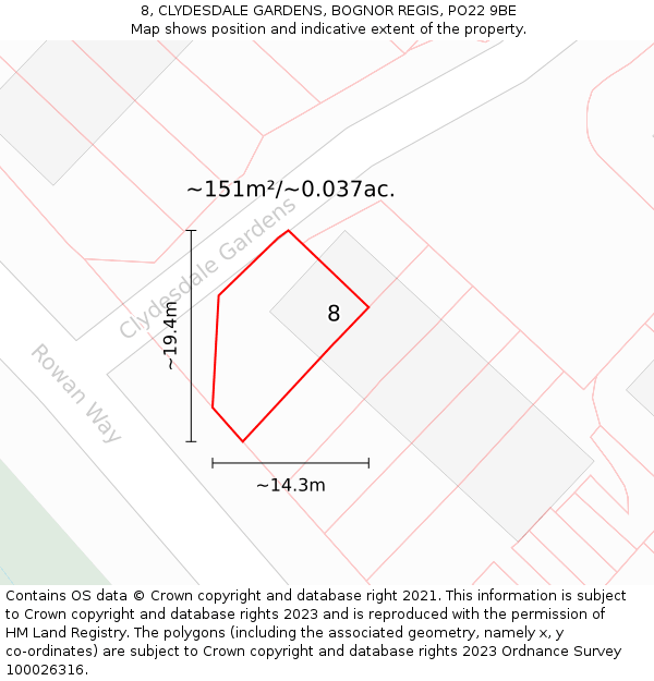 8, CLYDESDALE GARDENS, BOGNOR REGIS, PO22 9BE: Plot and title map