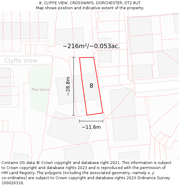 8, CLYFFE VIEW, CROSSWAYS, DORCHESTER, DT2 8UT: Plot and title map