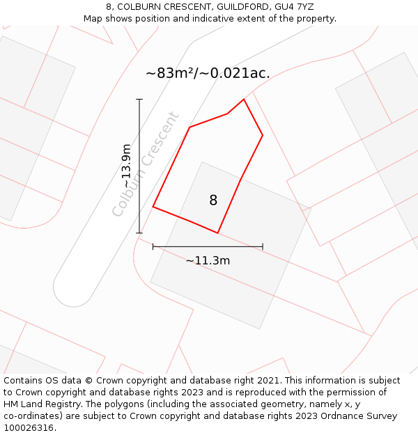 8, COLBURN CRESCENT, GUILDFORD, GU4 7YZ: Plot and title map