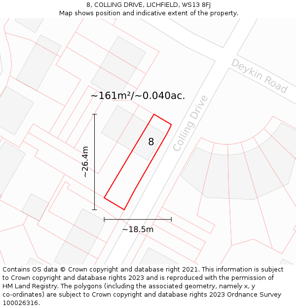 8, COLLING DRIVE, LICHFIELD, WS13 8FJ: Plot and title map