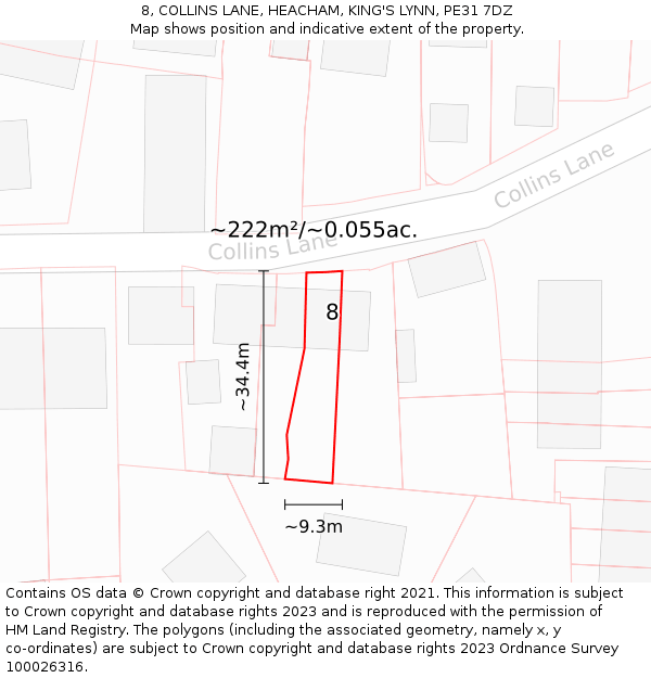 8, COLLINS LANE, HEACHAM, KING'S LYNN, PE31 7DZ: Plot and title map
