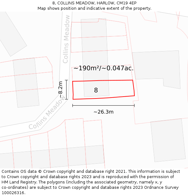 8, COLLINS MEADOW, HARLOW, CM19 4EP: Plot and title map