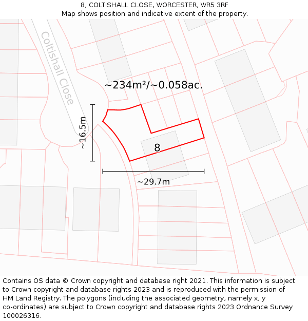8, COLTISHALL CLOSE, WORCESTER, WR5 3RF: Plot and title map
