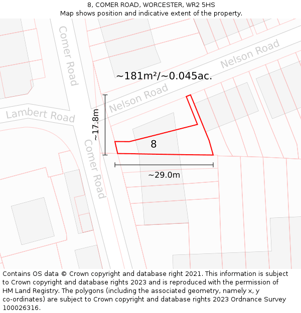 8, COMER ROAD, WORCESTER, WR2 5HS: Plot and title map