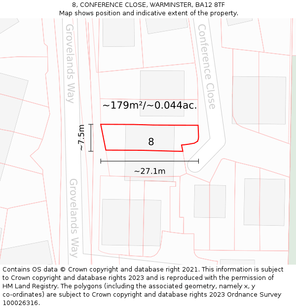 8, CONFERENCE CLOSE, WARMINSTER, BA12 8TF: Plot and title map