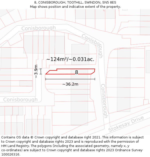 8, CONISBOROUGH, TOOTHILL, SWINDON, SN5 8ES: Plot and title map