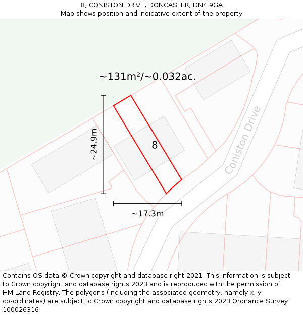 8, CONISTON DRIVE, DONCASTER, DN4 9GA: Plot and title map