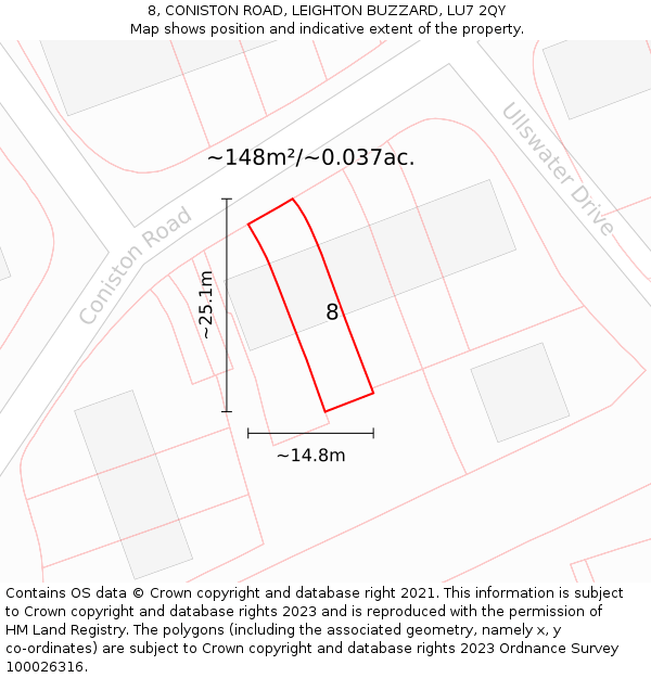8, CONISTON ROAD, LEIGHTON BUZZARD, LU7 2QY: Plot and title map