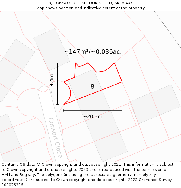 8, CONSORT CLOSE, DUKINFIELD, SK16 4XX: Plot and title map