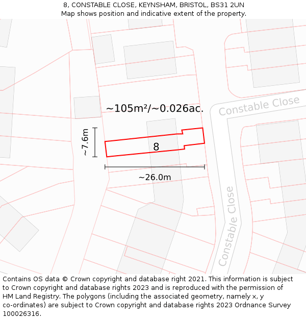 8, CONSTABLE CLOSE, KEYNSHAM, BRISTOL, BS31 2UN: Plot and title map