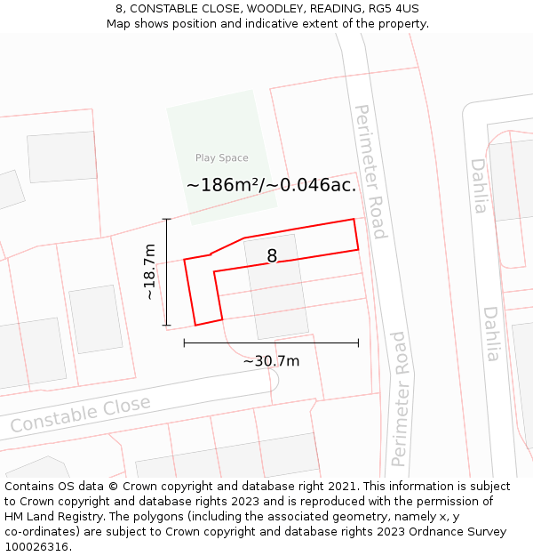 8, CONSTABLE CLOSE, WOODLEY, READING, RG5 4US: Plot and title map