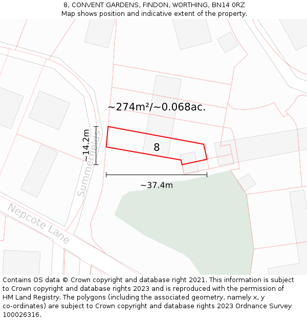 8, CONVENT GARDENS, FINDON, WORTHING, BN14 0RZ: Plot and title map