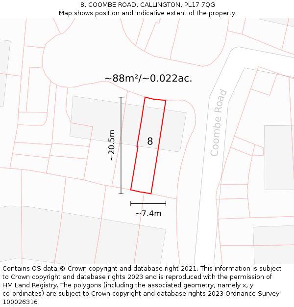 8, COOMBE ROAD, CALLINGTON, PL17 7QG: Plot and title map