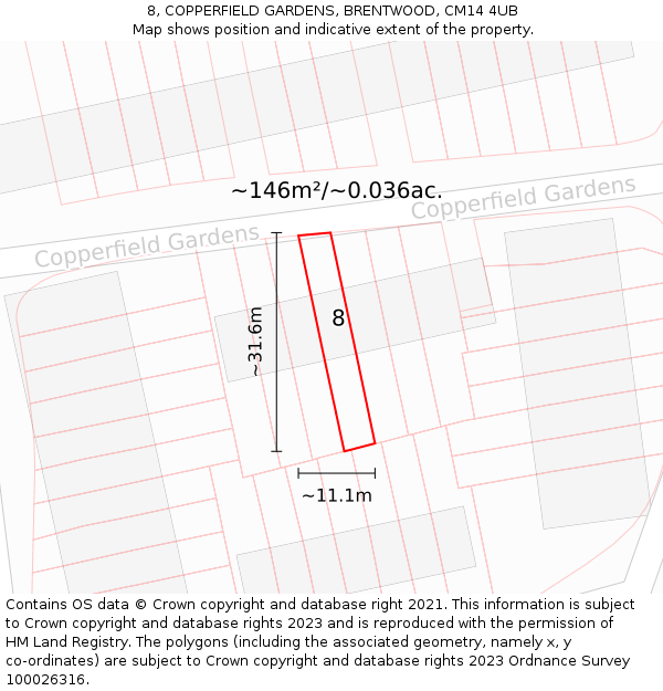 8, COPPERFIELD GARDENS, BRENTWOOD, CM14 4UB: Plot and title map