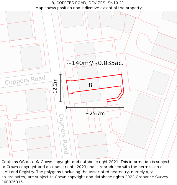8, COPPERS ROAD, DEVIZES, SN10 2FL: Plot and title map