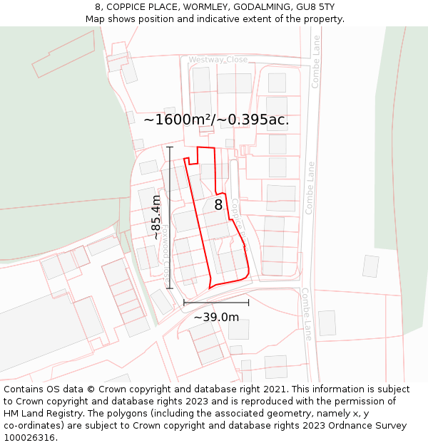 8, COPPICE PLACE, WORMLEY, GODALMING, GU8 5TY: Plot and title map