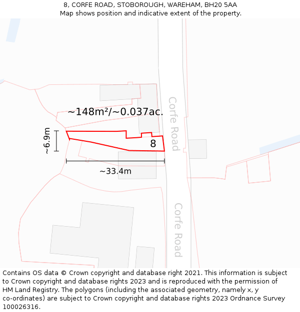 8, CORFE ROAD, STOBOROUGH, WAREHAM, BH20 5AA: Plot and title map