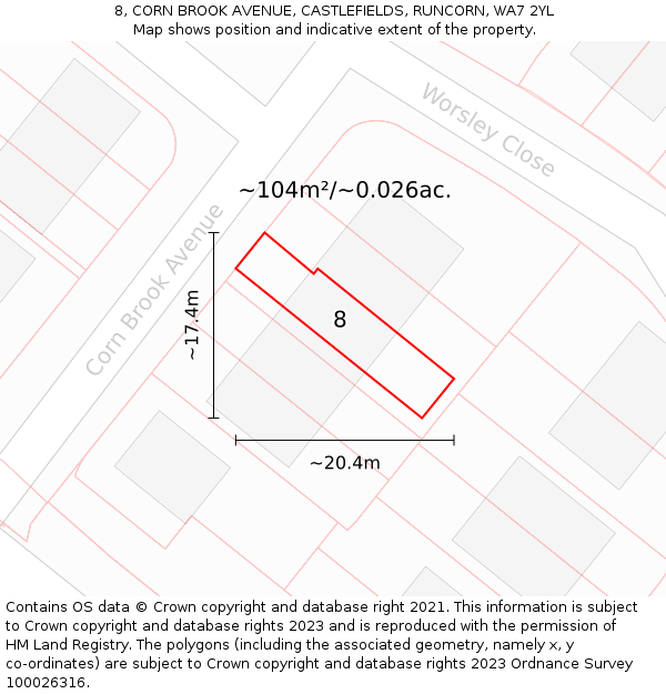 8, CORN BROOK AVENUE, CASTLEFIELDS, RUNCORN, WA7 2YL: Plot and title map