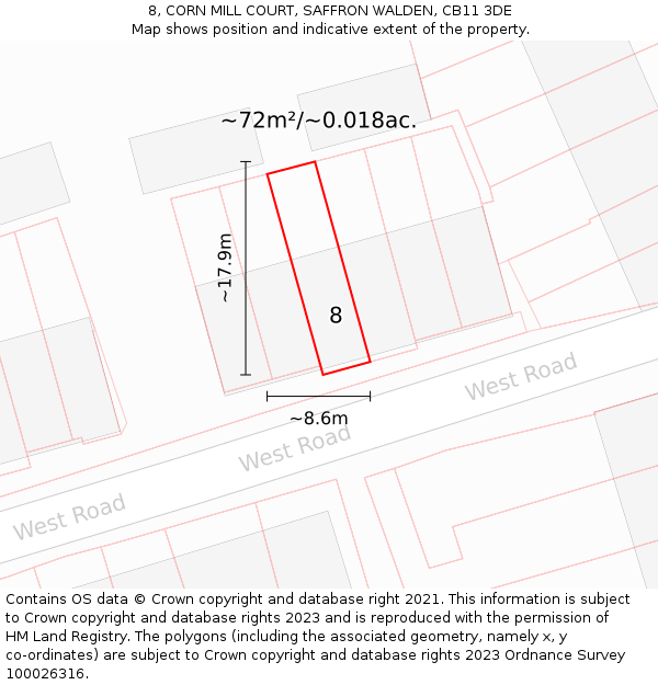 8, CORN MILL COURT, SAFFRON WALDEN, CB11 3DE: Plot and title map