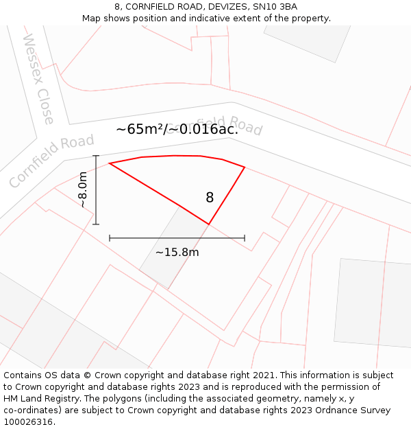 8, CORNFIELD ROAD, DEVIZES, SN10 3BA: Plot and title map