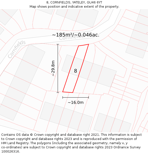 8, CORNFIELDS, YATELEY, GU46 6YT: Plot and title map