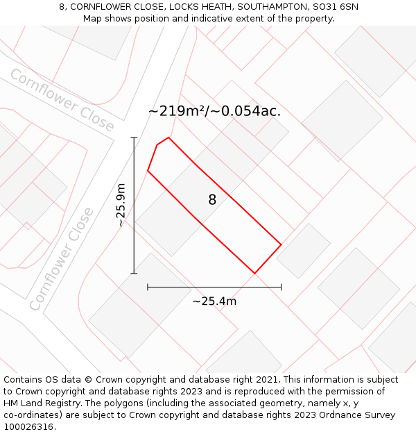 8, CORNFLOWER CLOSE, LOCKS HEATH, SOUTHAMPTON, SO31 6SN: Plot and title map