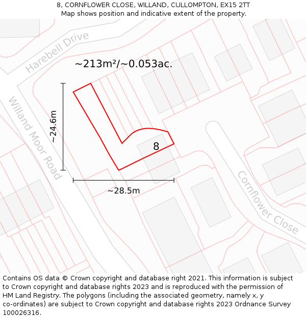 8, CORNFLOWER CLOSE, WILLAND, CULLOMPTON, EX15 2TT: Plot and title map