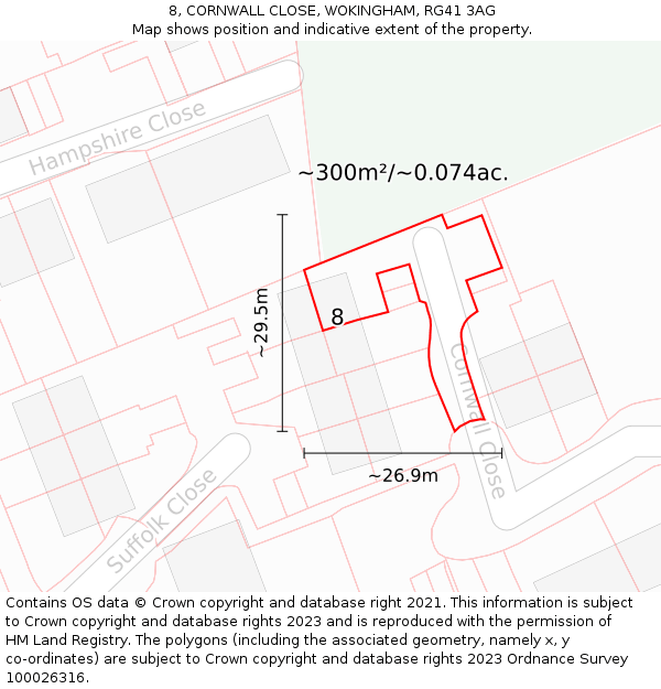 8, CORNWALL CLOSE, WOKINGHAM, RG41 3AG: Plot and title map