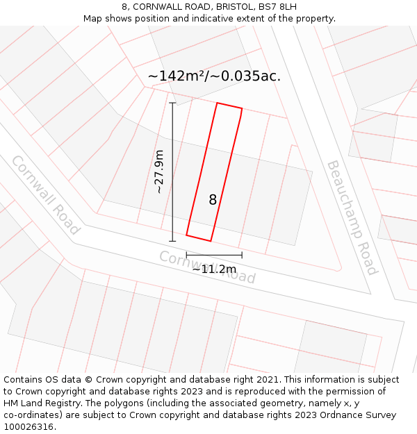 8, CORNWALL ROAD, BRISTOL, BS7 8LH: Plot and title map