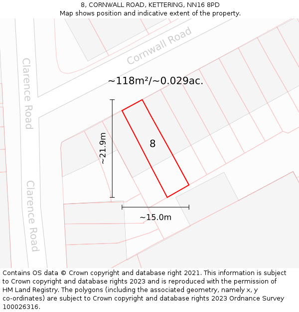 8, CORNWALL ROAD, KETTERING, NN16 8PD: Plot and title map