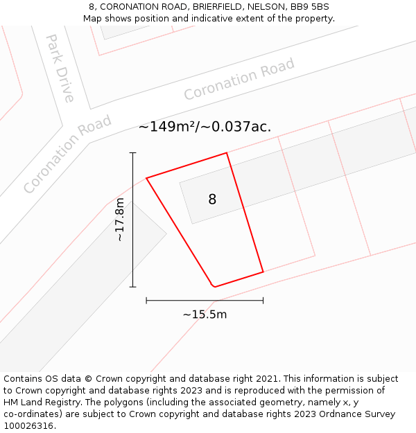 8, CORONATION ROAD, BRIERFIELD, NELSON, BB9 5BS: Plot and title map