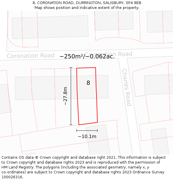 8, CORONATION ROAD, DURRINGTON, SALISBURY, SP4 8EB: Plot and title map
