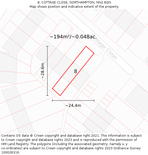 8, COTTAGE CLOSE, NORTHAMPTON, NN2 8QN: Plot and title map