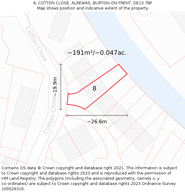 8, COTTON CLOSE, ALREWAS, BURTON-ON-TRENT, DE13 7BF: Plot and title map
