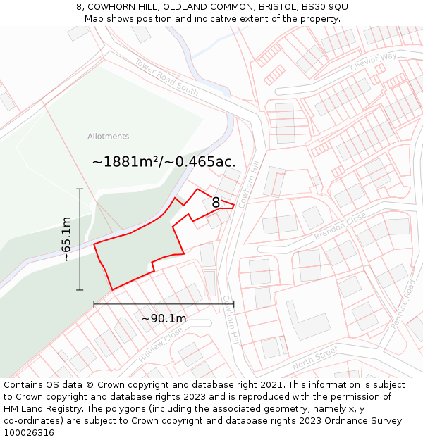 8, COWHORN HILL, OLDLAND COMMON, BRISTOL, BS30 9QU: Plot and title map