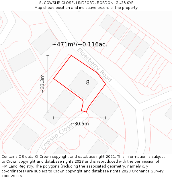 8, COWSLIP CLOSE, LINDFORD, BORDON, GU35 0YF: Plot and title map