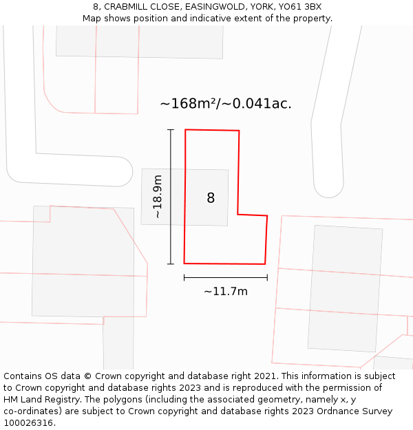 8, CRABMILL CLOSE, EASINGWOLD, YORK, YO61 3BX: Plot and title map