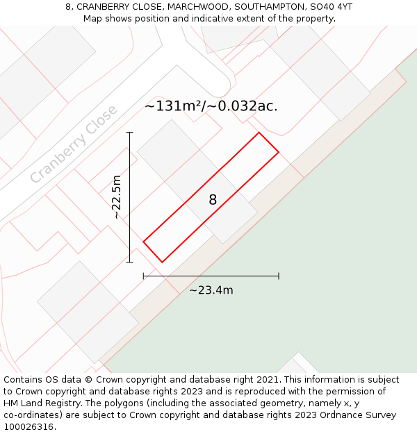 8, CRANBERRY CLOSE, MARCHWOOD, SOUTHAMPTON, SO40 4YT: Plot and title map