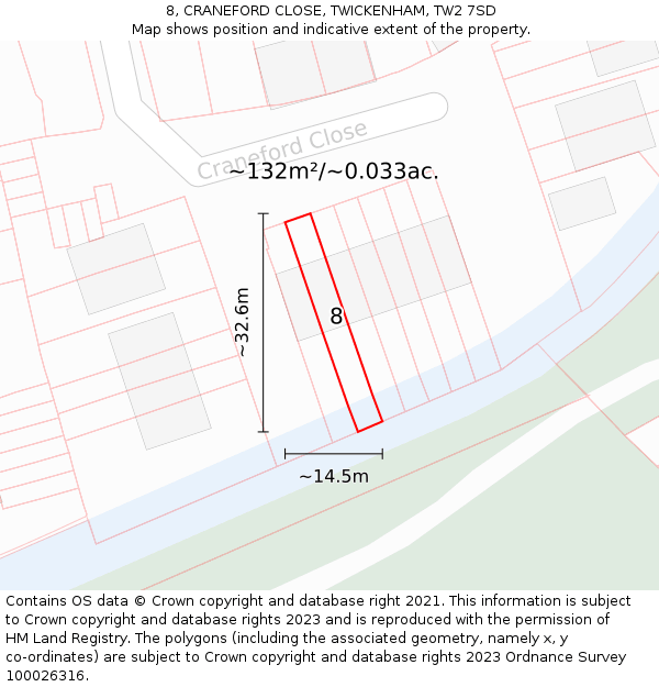 8, CRANEFORD CLOSE, TWICKENHAM, TW2 7SD: Plot and title map
