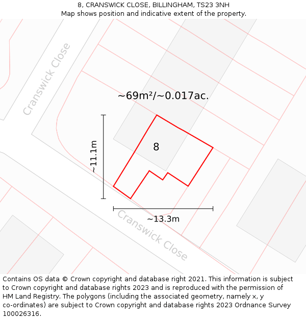 8, CRANSWICK CLOSE, BILLINGHAM, TS23 3NH: Plot and title map